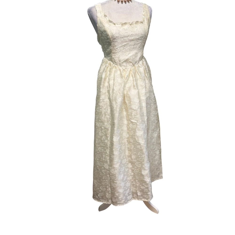 Lulus Dress Women M‎ Basque Cream Floral Jacquard Ruffle Square Neck Midi A-Line - Picture 11 of 11